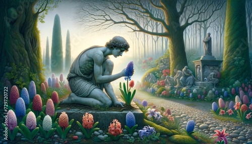 A whimsical, animated art style image capturing Apollo mourning over Hyacinth, set in the now serene and somber garden.