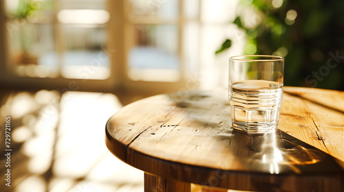 カフェの丸テーブルに置かれた水が入ったコップ photo