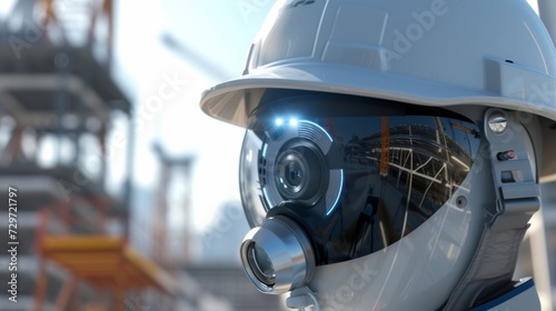 An upclose look at an ARenabled hard hat featuring builtin cameras for 360degree safety monitoring and AR capabilities for displaying virtual safety guides and protocols.