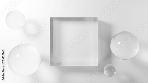 白背景に透明な立方体のガラスの台座と球体。俯瞰。3D（横長）