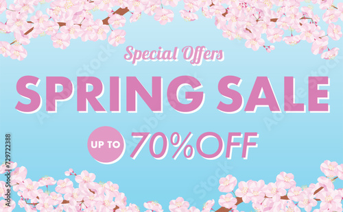 セール背景やタイトル・見出しに使えるシンプルな桜の木や枝・満開の花を描いた余白のある春の青空フレーム素材