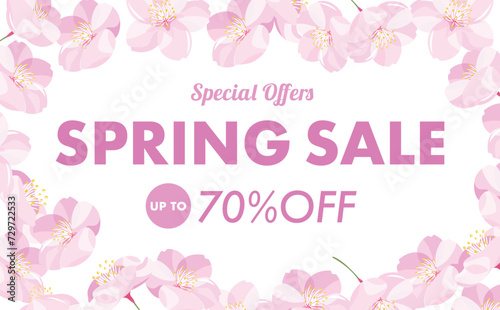 セール背景やタイトルに使えるシンプルな満開の桜の花びらのコピースペースのある白背景(透過)春フレーム