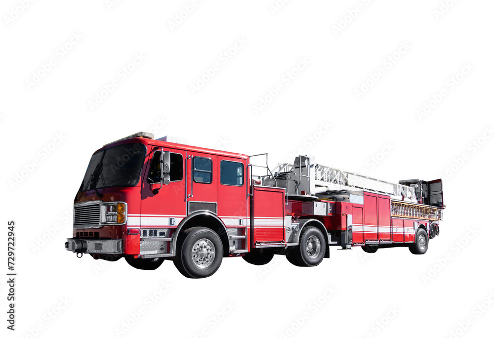 Long red fire truck with ladders and lift.  Isolated with cut out background.