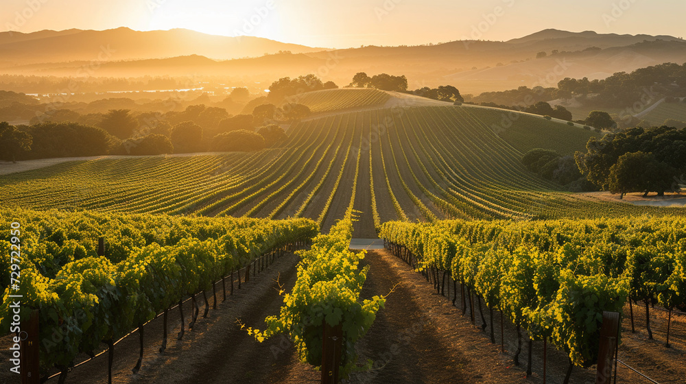 Sunrise Over Beautiful Vineyards - Sprawling Rows of Grapevines Casting Long Shadows into Mountainous Terrain - First Light of Dawn Over Tranquil Wine Country Travel Destination