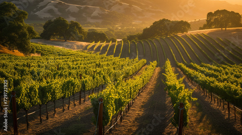 Sunrise Over Beautiful Vineyards - Sprawling Rows of Grapevines Casting Long Shadows into Mountainous Terrain - First Light of Dawn Over Tranquil Wine Country Travel Destination