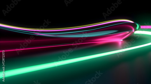 Green and Purple neon light stripe tails on black background, futuristic waved light lines, panorama backdrop 