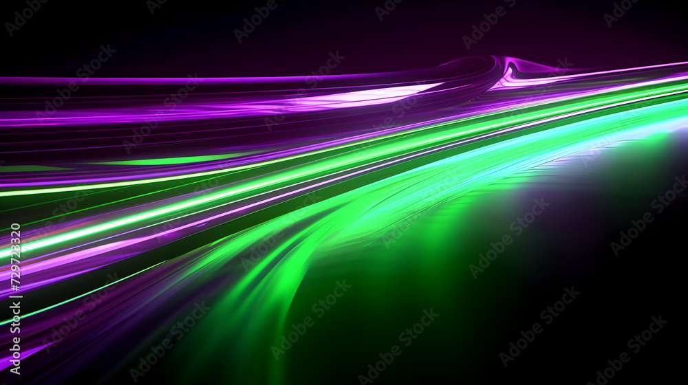Green and Purple neon light stripe tails on black background, futuristic waved light lines, panorama backdrop 