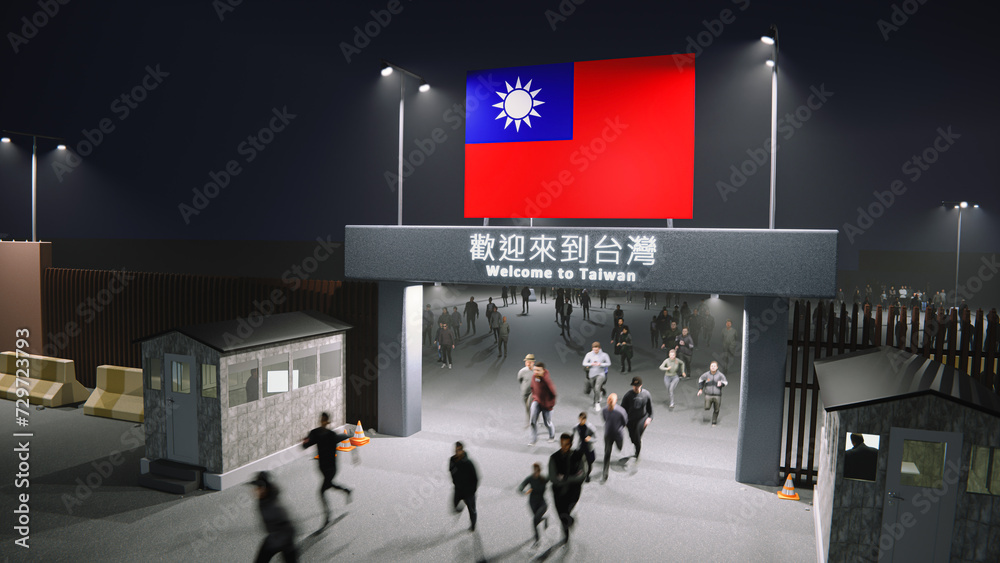 Naklejka premium People walk through the border checkpoint gate to Taiwan at night - 3D rendered