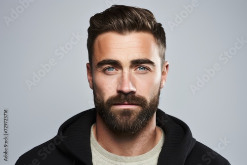 Portrait of handsome young man with beard and mustache. Studio shot.