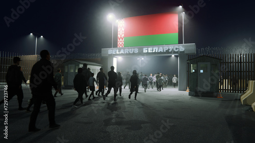 People walk through the border checkpoint gate to Belarus at night - 3D rendered