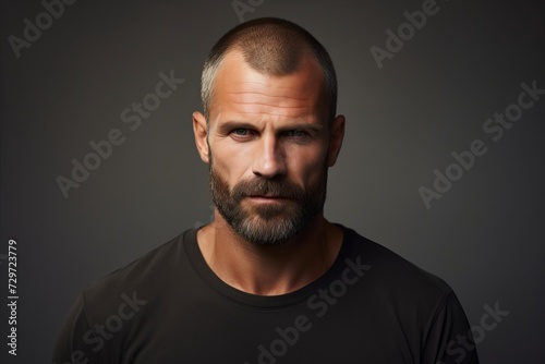 Portrait of a handsome bearded man in a black t-shirt.