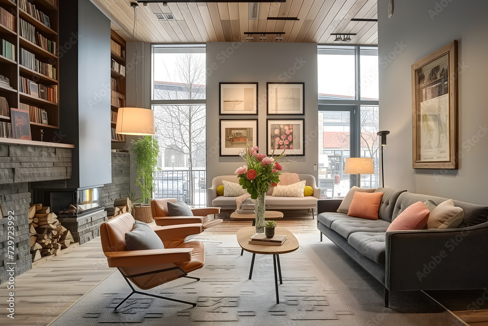 Fototapeta premium A fireplace with firewood storage adds warmth and charm, while a bookshelf filled with books and ornaments creates a cultured and personal touch. Created with generative AI