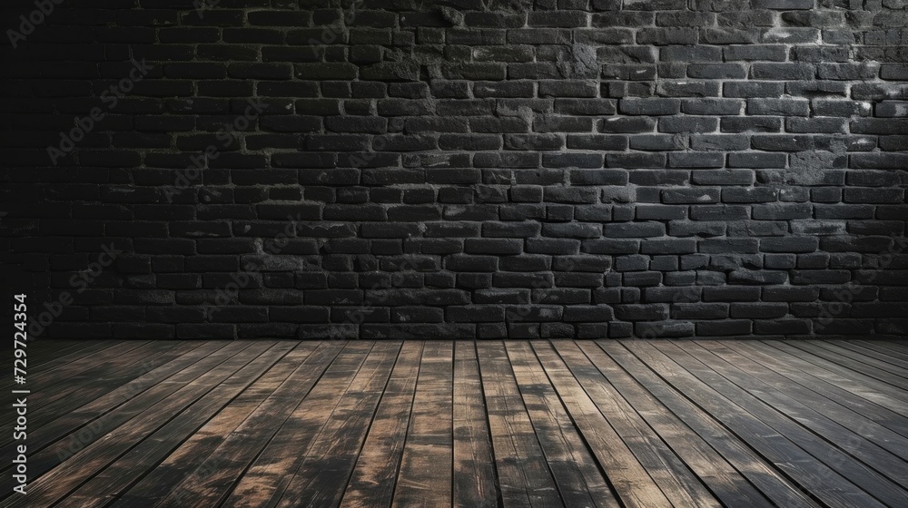 Dark brick wall and wooden floor in an empty room, in the style of minimalist. Generative AI.