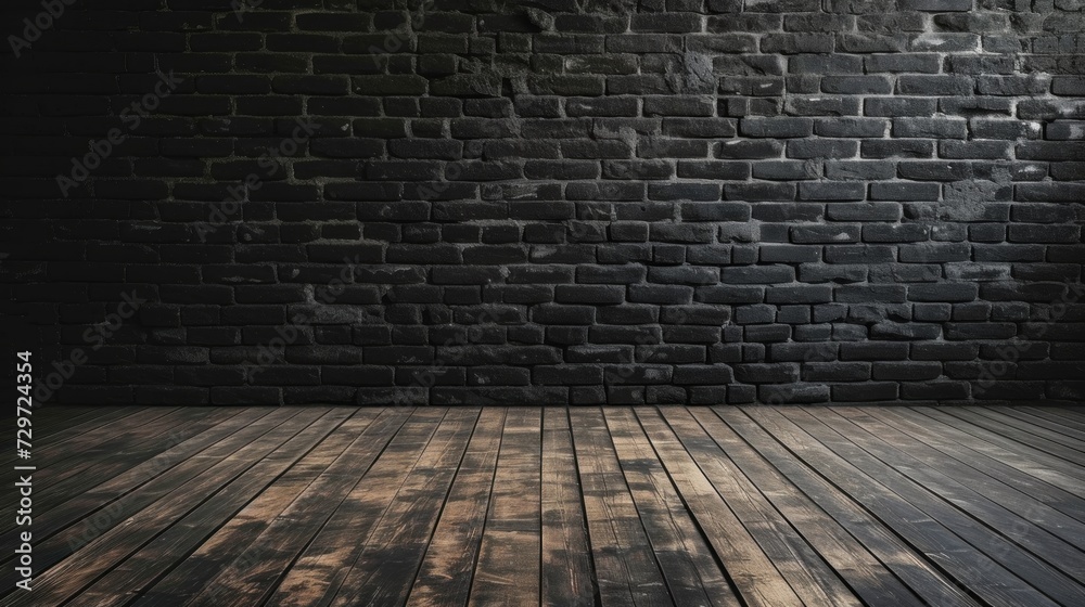 Fototapeta premium Dark brick wall and wooden floor in an empty room, in the style of minimalist. Generative AI.