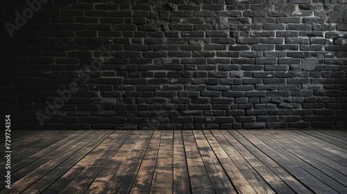 Dark brick wall and wooden floor in an empty room  in the style of minimalist. Generative AI.