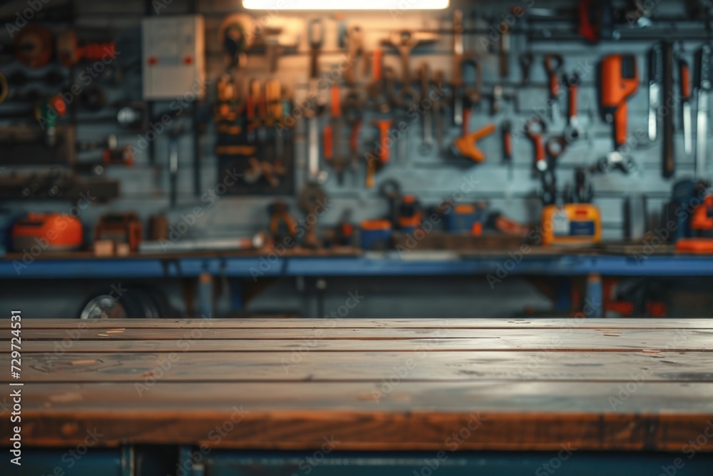 Naklejka premium The table with garage tool background. Generative AI.