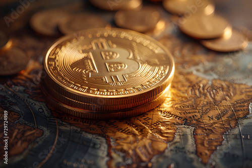 Golden bitcoin on the background of the map. Cryptocurrency concept