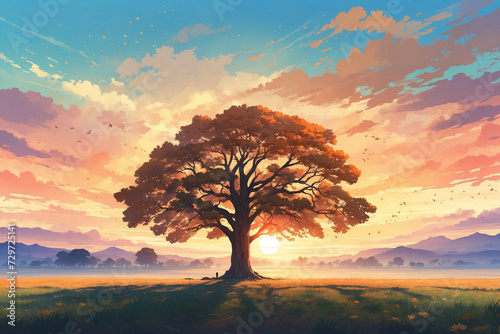 An old big tree in the middle of a wide meadow in autumn at sunset. In anime style