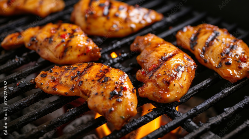 Tender strips of chicken marinated in a zesty blend of chili and garlic grilling to perfection over an open flame. Tender strips of chicken marinated in a zesty blend of chili and garlic grilling to perfection over an open flame.
