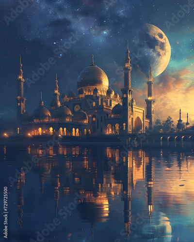 A beautiful mosque under the night sky with the Milky Way and a big moon, celebrating Islamic holidays and events. photo
