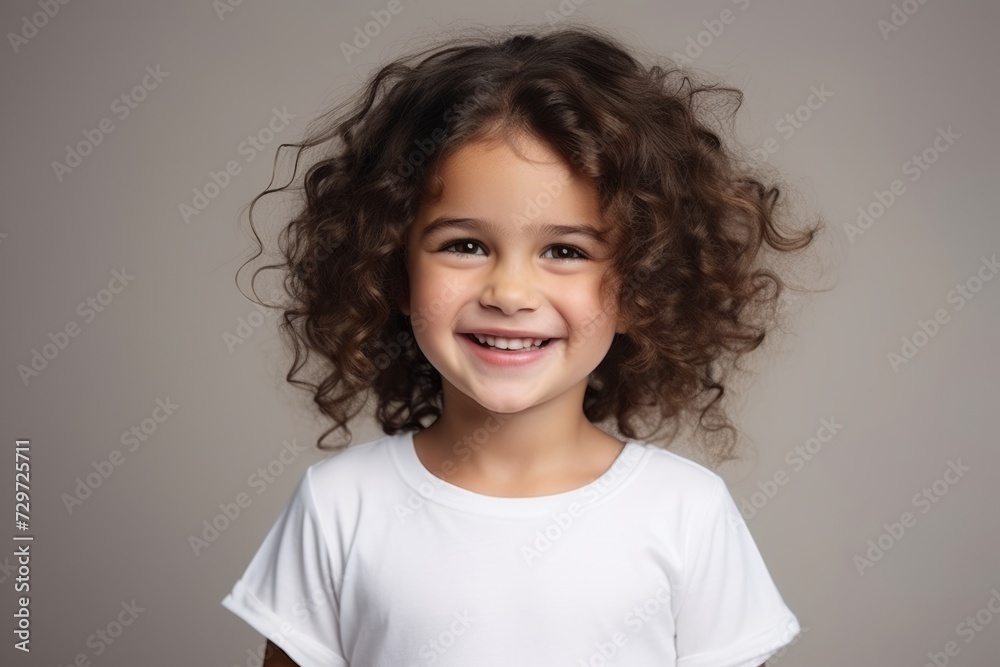 Portrait of a cute little girl with curly hair over gray background Portrait of a cute little girl with curly hair over gray background