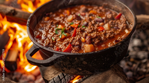 Thick and meaty chili bubbling in an old cast iron pot over the crackling flames of the campfire. Each sful warms you from the inside out perfect for chilly nights in the