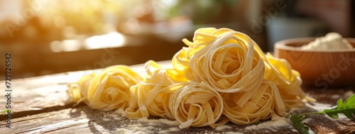 Fresh homemade pasta on a wooden background