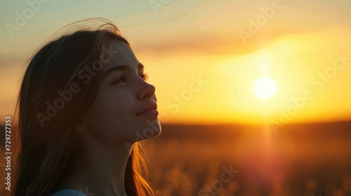 A teenage girl her eyes wide open and a small smile on her face as she gazes at a beautiful sunset and reflects on the beauty and vastness of the universe. © Justlight