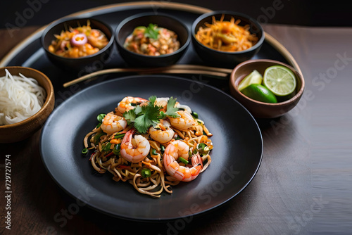 Thai culinary delight. Pad Thai with succulent shrimp, elegantly served on a black round plate. Taste the flavors of Thailand.