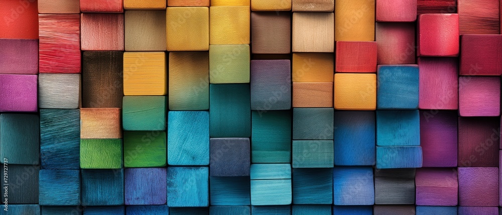 Colorful wooden blocks aligned. Wide format