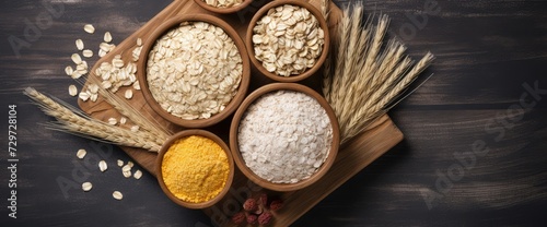 Above view of multiple Healthy Oatmeal bowl with scattering oats flakes on wooden serving tray on grey background.