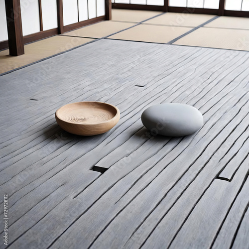 Minimalistic Zen Garden - Professional close-up photo of a serene interior space with Japanese aesthetic and rustic minimalism Gen AI photo