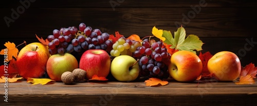 Autumn fruits on wooden table, close-up.