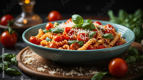 A plate of Italian Fusilli pasta adorned with vibrant cherry tomatoes, fresh basil leaves, and grated Parmesan cheese, with a swirl of rich marinara sauce drizzled over