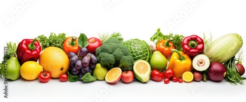 Different useful fruits and vegetables isolated on white background. Collage. Free space for text. Wide photo .
