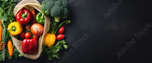 ealthy food background. Healthy vegetarian food in string bag. Variety of vegetables and fruits on a black background  copy-space  banner