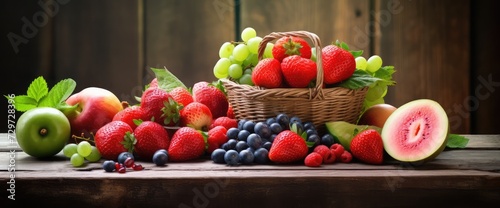 fresh fruits on wooden table