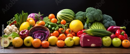 igh angle view of a large assortment of healthy fresh rainbow colored organic fruits and vegetables