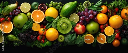 Panoramic food background with assortment of fresh organic fruits and vegetables