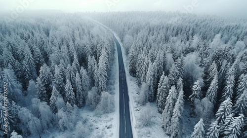  Aerial top view of snow winter road with the pine forest for abstract background.