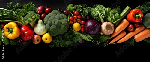 Panoramic food background with assortment of fresh organic vegetables