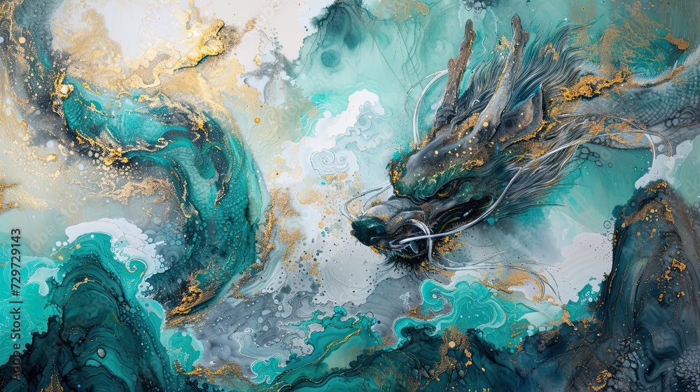 Chinese dragon, Year of the Dragon, 3d wallpaper, mountain and river fantasy landscape background inspired by chinese traditional ink painting, gold, blue, green, generative AI - obrazy, fototapety, plakaty 