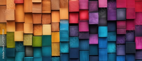 Colorful wooden blocks aligned. Wide format