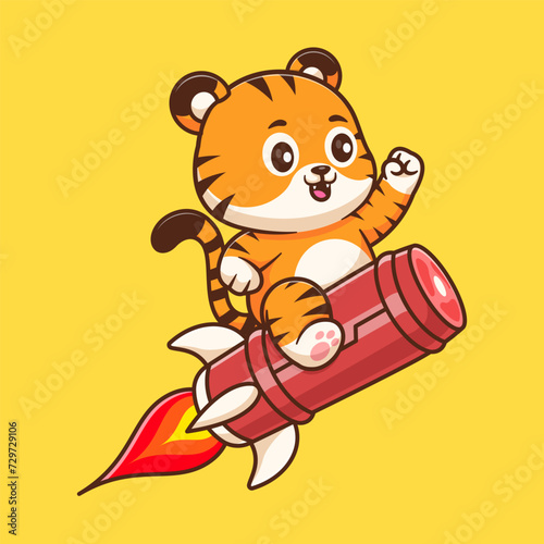 Cute tiger riding meat rocket cartoon vector icon illustration animal transportation isolated