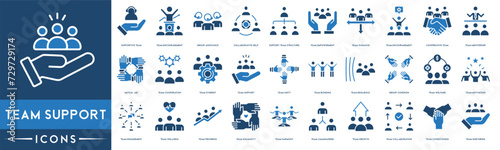 Team Support, Team Motivation, Team Engagement, Teamwork icon set. Included the icons as Job Team Wellness, Empowerment, Unity, Bonding, Resilience, Growth and Collaboration photo