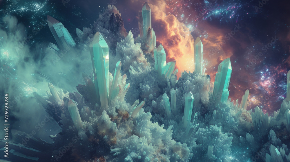Layers of crystalline formations intertwine to form an otherworldly landscape in Crystal Visions a place of quiet contemplation and wondrous enchantment. - obrazy, fototapety, plakaty 