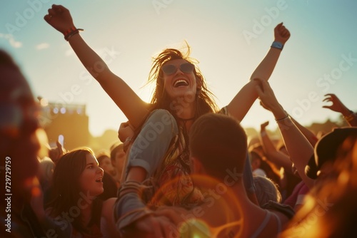 Young adults on someone's shoulders, singing along with a band at a summer concert, focus on excitement and freedom, wide angle showing the scale of the crowd, 