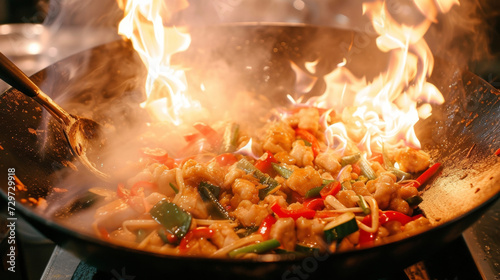 A mesmerizing shot of a flaming wok stirfry with tongues of fire licking the sides of the wok. The fragrant aromas of ginger garlic and soy sauce fill the air.