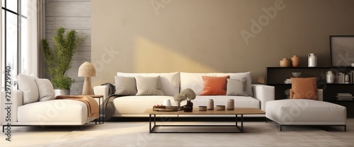 Modern interior of living room with beige sofa 3d rendering