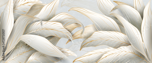 Luxury art background with white tropical leaves in golden line art style. Hand drawn vector banner for decoration, print, textile, wallpaper, interior design, poster.